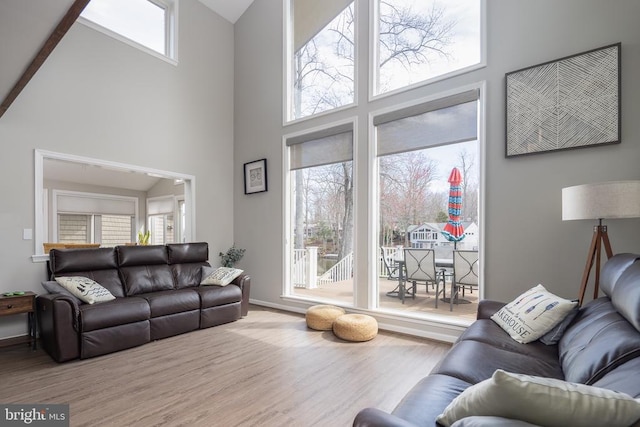 living room with a towering ceiling, healthy amount of natural light, and wood finished floors