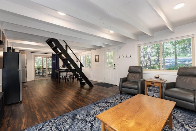 16184 Moonrise Ln, Broadway, VA 22815 - living area with wood finished floors, beam ceiling, and stairs