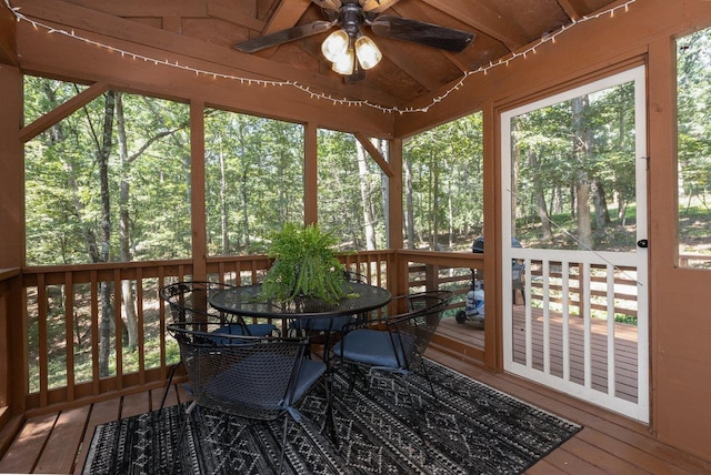 16184 Moonrise Ln, Broadway, VA 22815 - sunroom featuring a ceiling fan, outdoor dining space, vaulted ceiling, and healthy amount of natural light