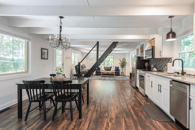 16184 Moonrise Ln, Broadway, VA 22815 - dining room featuring beamed ceiling, dark wood-style flooring, and a chandelier