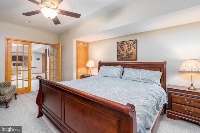 695 Whippoorwill Ln, Shipman, VA 22971 - bedroom featuring light colored carpet, french doors, and a ceiling fan