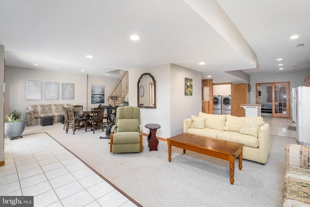 695 Whippoorwill Ln, Shipman, VA 22971 - living area featuring light carpet, stairway, recessed lighting, and light tile patterned floors