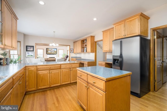 695 Whippoorwill Ln, Shipman, VA 22971 - kitchen featuring stainless steel fridge with ice dispenser, light wood-type flooring, a chandelier, a kitchen island, and open shelves