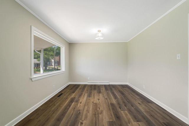 100 Monument Ave, Harrisonburg, VA 22801 - unfurnished room featuring baseboards, dark wood-style floors, ornamental molding, and a baseboard radiator