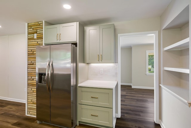 100 Monument Ave, Harrisonburg, VA 22801 - kitchen with stainless steel fridge with ice dispenser, dark wood-style floors, open shelves, baseboards, and recessed lighting