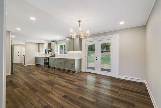 100 Monument Ave, Harrisonburg, VA 22801 - kitchen featuring gray cabinets, a chandelier, dark wood finished floors, light countertops, and baseboards