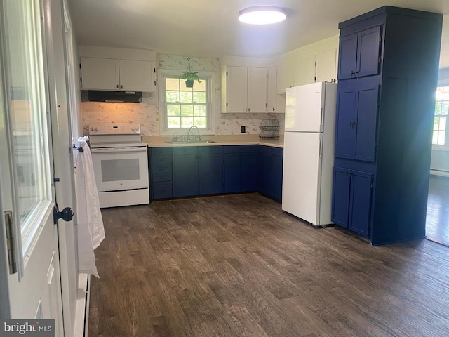  - kitchen featuring white appliances, exhaust hood, a sink, blue cabinets, and dark wood-style flooring