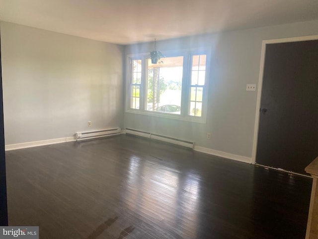  - empty room with a baseboard radiator, baseboards, a baseboard heating unit, and dark wood-type flooring