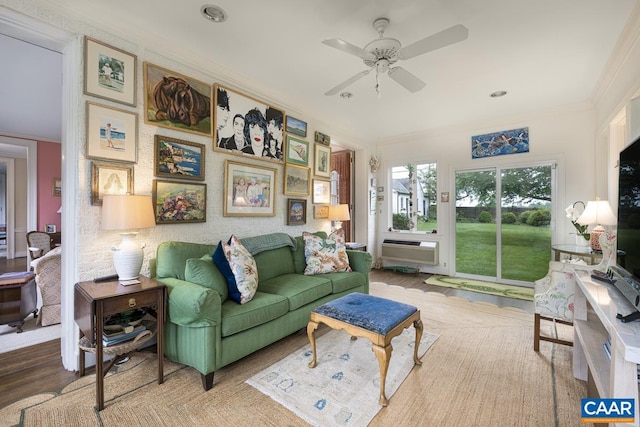 3809 Peakland Pl, Lynchburg, VA 24503 - living area featuring crown molding, a ceiling fan, an AC wall unit, and recessed lighting