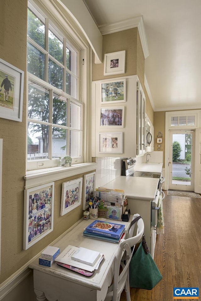 3809 Peakland Pl, Lynchburg, VA 24503 - kitchen featuring crown molding, wood finished floors, plenty of natural light, stainless steel microwave, and light countertops