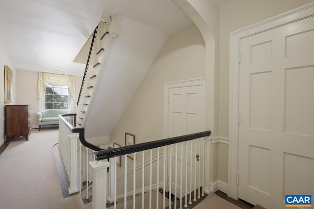 3809 Peakland Pl, Lynchburg, VA 24503 - stairway with carpet, baseboards, arched walkways, and vaulted ceiling