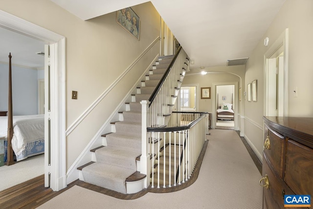 3809 Peakland Pl, Lynchburg, VA 24503 - stairway featuring carpet, wood finished floors, and baseboards