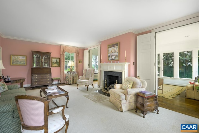 3809 Peakland Pl, Lynchburg, VA 24503 - living room with a fireplace, ornamental molding, and wood finished floors