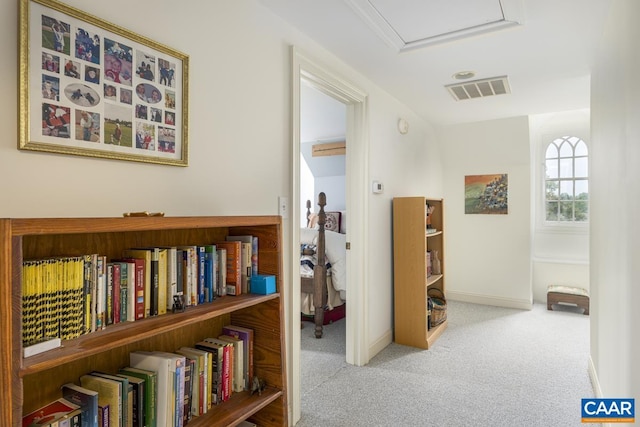 3809 Peakland Pl, Lynchburg, VA 24503 - hallway featuring carpet, baseboards, and attic access