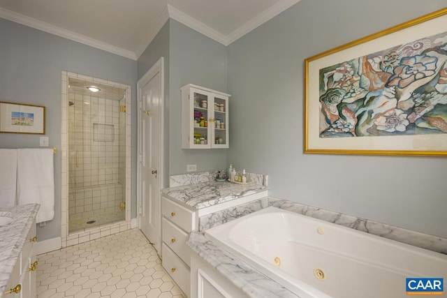 3809 Peakland Pl, Lynchburg, VA 24503 - bathroom featuring a stall shower, vanity, a tub with jets, crown molding, and tile patterned flooring