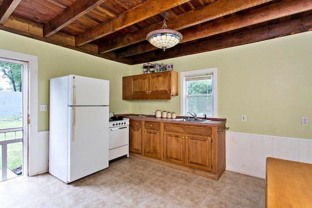 kitchen featuring a sink, white appliances, wooden ceiling, beamed ceiling, and wainscoting