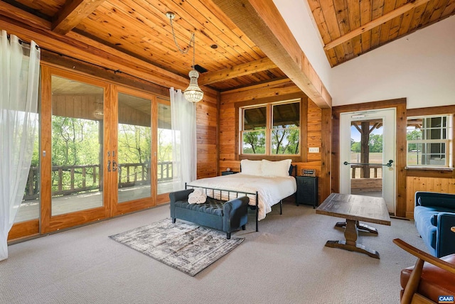 1900 Lowesville Rd, Amherst, VA 24521 - carpeted bedroom with wood ceiling, access to exterior, french doors, beamed ceiling, and wooden walls