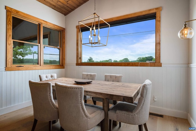 1900 Lowesville Rd, Amherst, VA 24521 - dining area with wood finished floors, plenty of natural light, a chandelier, wainscoting, and wooden walls