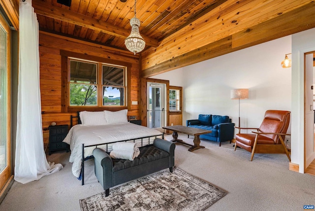 1900 Lowesville Rd, Amherst, VA 24521 - carpeted bedroom featuring wooden walls, wooden ceiling, beamed ceiling, and a chandelier
