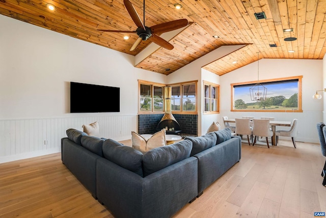 1900 Lowesville Rd, Amherst, VA 24521 - living room with wood ceiling, a wainscoted wall, lofted ceiling, a ceiling fan, and light wood-style flooring
