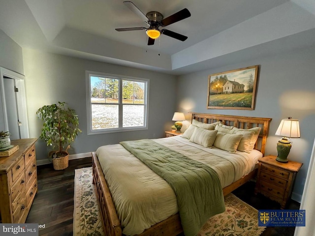 1078 Fishback Rd, Madison, VA 22727 - bedroom featuring a raised ceiling, dark wood finished floors, baseboards, and ceiling fan