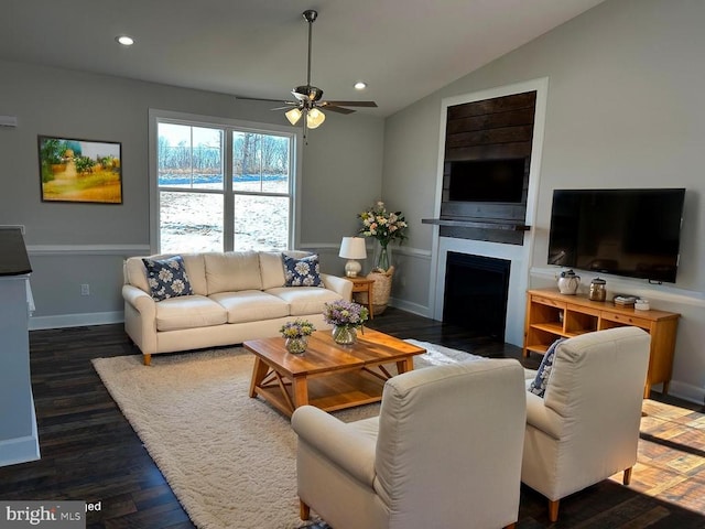 1078 Fishback Rd, Madison, VA 22727 - living area featuring a ceiling fan, a fireplace with flush hearth, recessed lighting, wood finished floors, and lofted ceiling