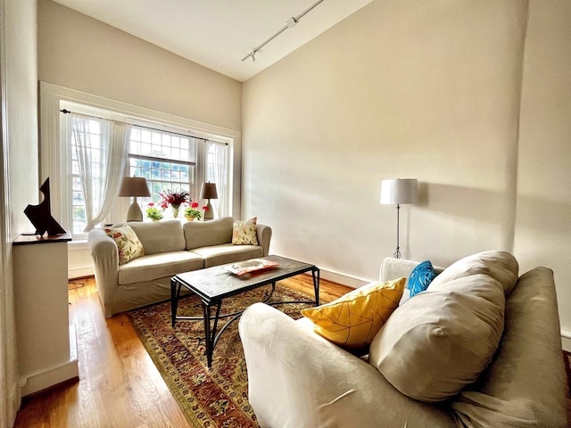 living room with baseboards, vaulted ceiling, wood finished floors, and track lighting