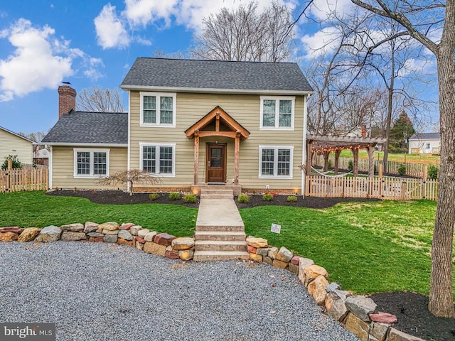 - view of front of home with a pergola, a chimney, and roof with shingles