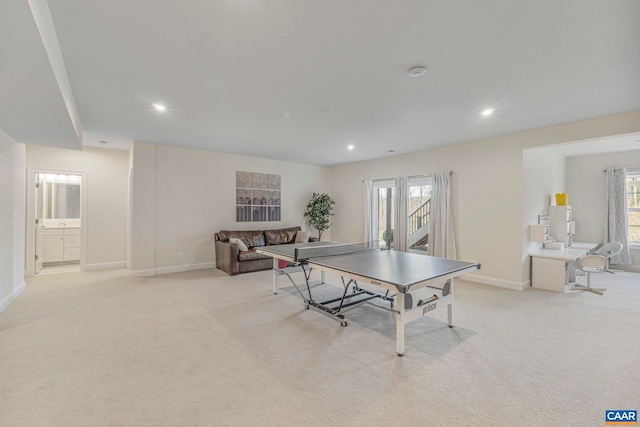 game room featuring light carpet, baseboards, and recessed lighting