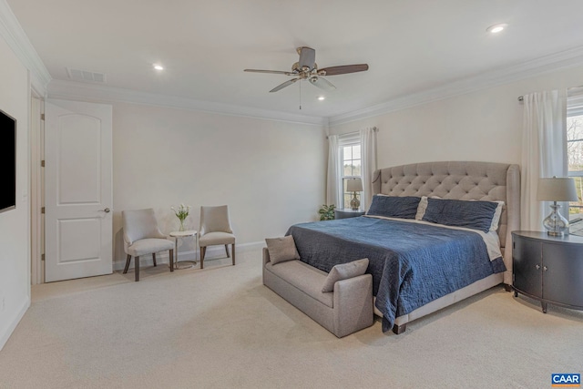 carpeted bedroom featuring crown molding, recessed lighting, baseboards, and ceiling fan