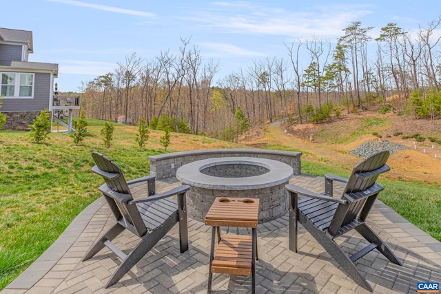 view of patio / terrace featuring a fire pit