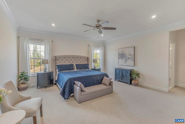carpeted bedroom featuring baseboards, ornamental molding, recessed lighting, and a ceiling fan
