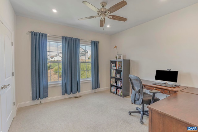 home office with carpet, recessed lighting, a ceiling fan, and baseboards