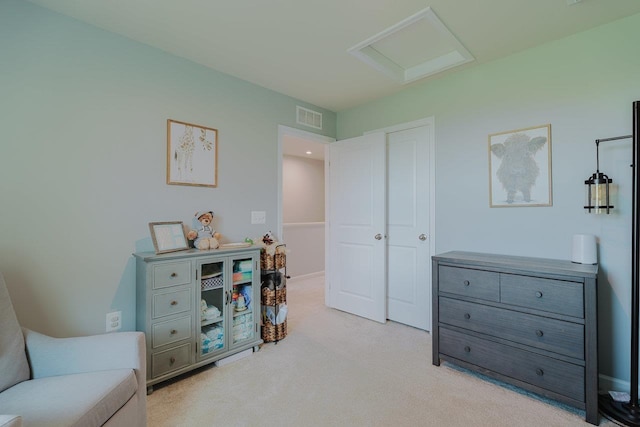 1113 Scruggs Ln, Grottoes, VA 24441 - living area with attic access, visible vents, and light colored carpet