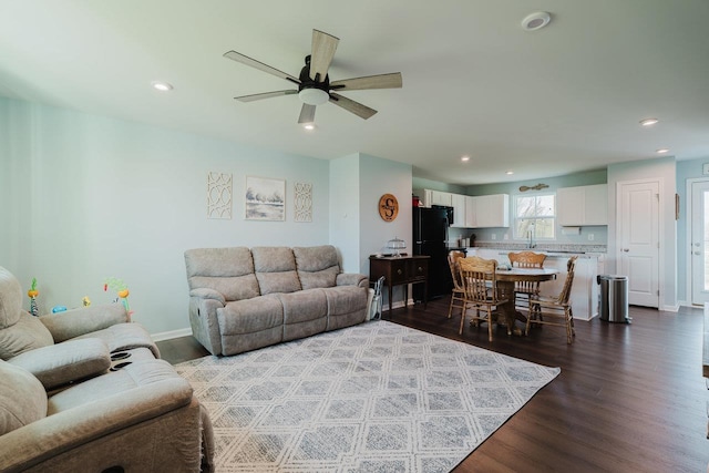 1113 Scruggs Ln, Grottoes, VA 24441 - living area featuring dark wood-style flooring, baseboards, a ceiling fan, and recessed lighting