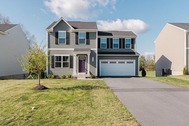 1113 Scruggs Ln, Grottoes, VA 24441 - traditional-style house featuring a front yard, central AC unit, driveway, and a garage