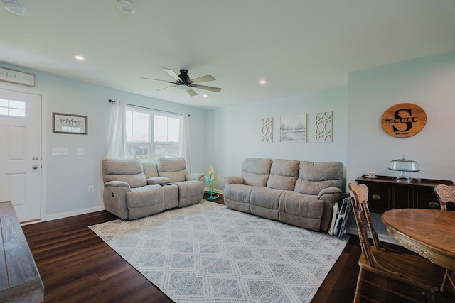 1113 Scruggs Ln, Grottoes, VA 24441 - living room featuring a ceiling fan, baseboards, recessed lighting, and wood finished floors