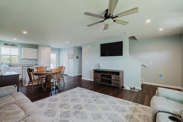 1113 Scruggs Ln, Grottoes, VA 24441 - living room featuring a ceiling fan, baseboards, dark wood finished floors, and recessed lighting
