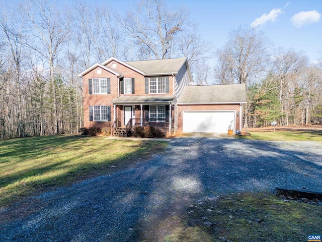 4259 Shelby Rd, Rochelle, VA 22738 - traditional home featuring covered porch, a garage, a front yard, brick siding, and gravel driveway