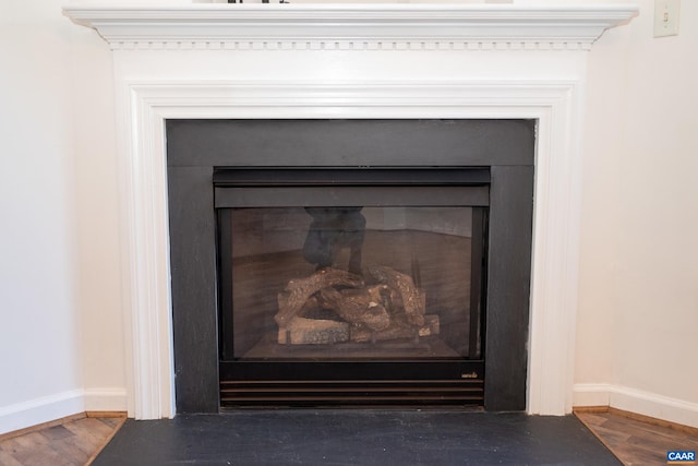 4259 Shelby Rd, Rochelle, VA 22738 - details with baseboards, a fireplace with flush hearth, and wood finished floors