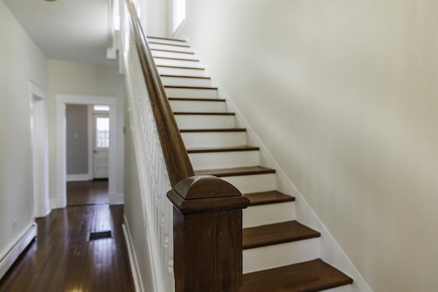 120 Jefferson St S, Lexington, VA 24450 - staircase with wood finished floors, baseboards, and a baseboard heating unit