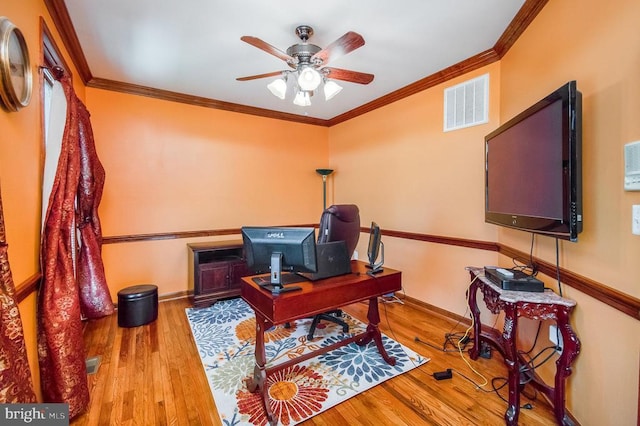 11425 Custers Trce, Spotsylvania, VA 22553 - home office featuring a ceiling fan, wood finished floors, crown molding, and baseboards