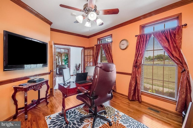 11425 Custers Trce, Spotsylvania, VA 22553 - office area with baseboards, ceiling fan, wood finished floors, and crown molding