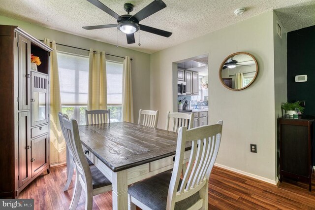 5575 Jeffersonton Rd, Jeffersonton, VA 22724 - dining room featuring a ceiling fan, a textured ceiling, and dark wood-style floors