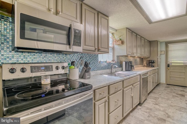 5575 Jeffersonton Rd, Jeffersonton, VA 22724 - kitchen with stainless steel appliances, a textured ceiling, backsplash, and light countertops