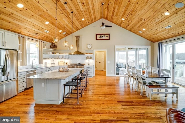310 Elk Creek Lndg, Mineral, VA 23117 - kitchen with stainless steel appliances, open shelves, a sink, a kitchen island, and a ceiling fan