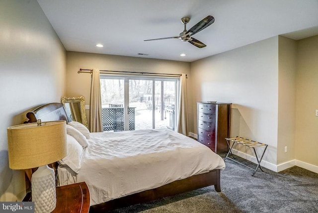 310 Elk Creek Lndg, Mineral, VA 23117 - bedroom featuring baseboards, dark colored carpet, a ceiling fan, access to exterior, and recessed lighting