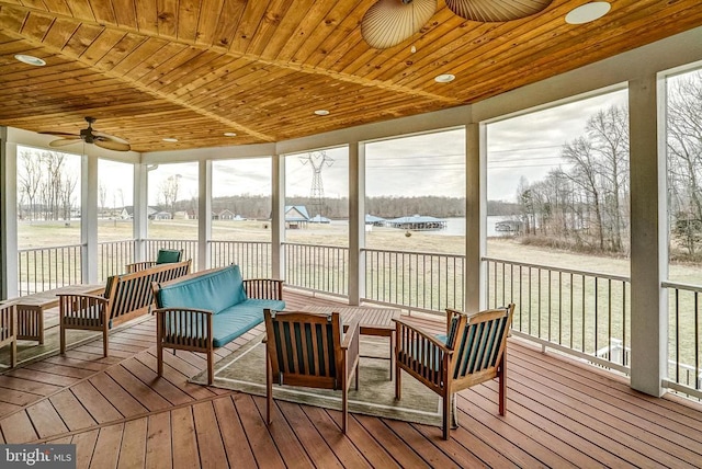 310 Elk Creek Lndg, Mineral, VA 23117 - sunroom featuring a ceiling fan, an outdoor living space, and a water view