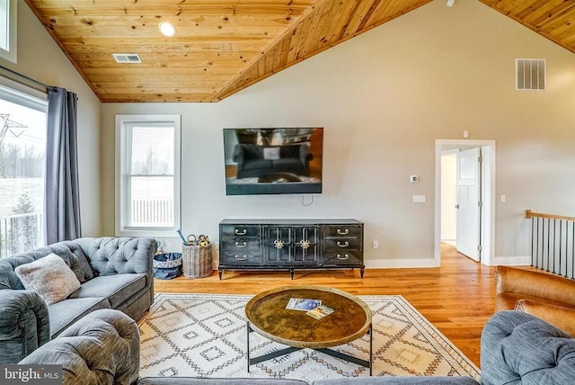 310 Elk Creek Lndg, Mineral, VA 23117 - living room featuring wood ceiling, lofted ceiling, wood finished floors, and baseboards