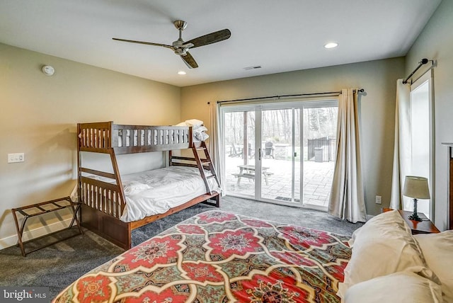 310 Elk Creek Lndg, Mineral, VA 23117 - bedroom with carpet floors, access to outside, recessed lighting, a barn door, and ceiling fan